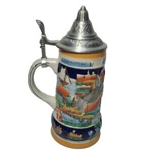 GERZ German Deutschland & Allemagne Beer Stein with Pewter Lid 250ml